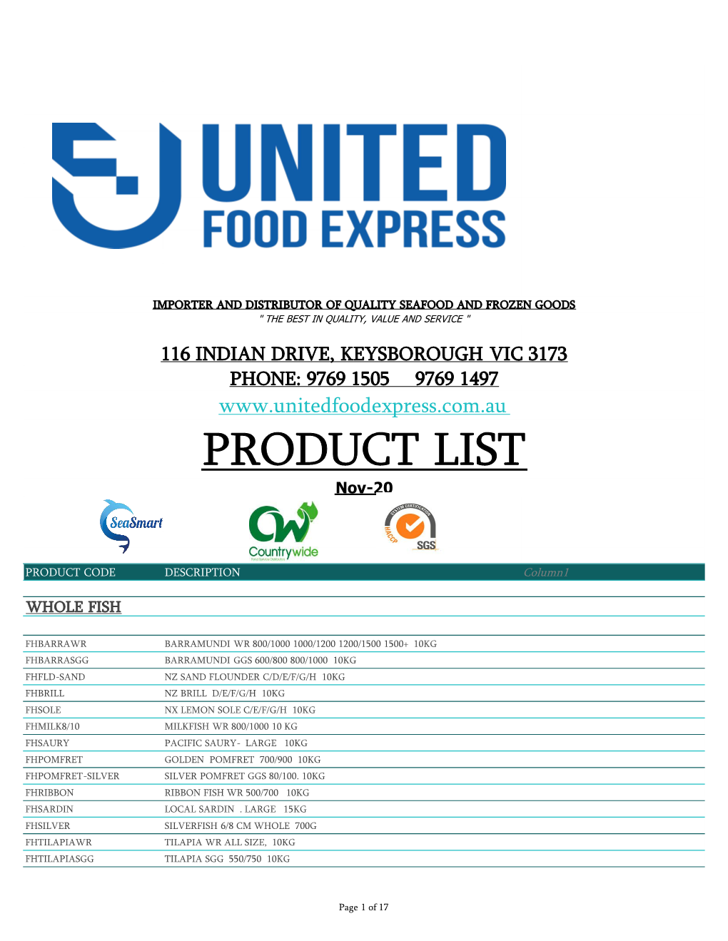 PRODUCT LIST Nov-20