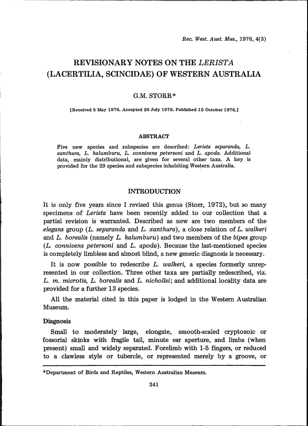 Revisionary Notes on the Lerista (Lacertilia, Scincidae) of Western Australia