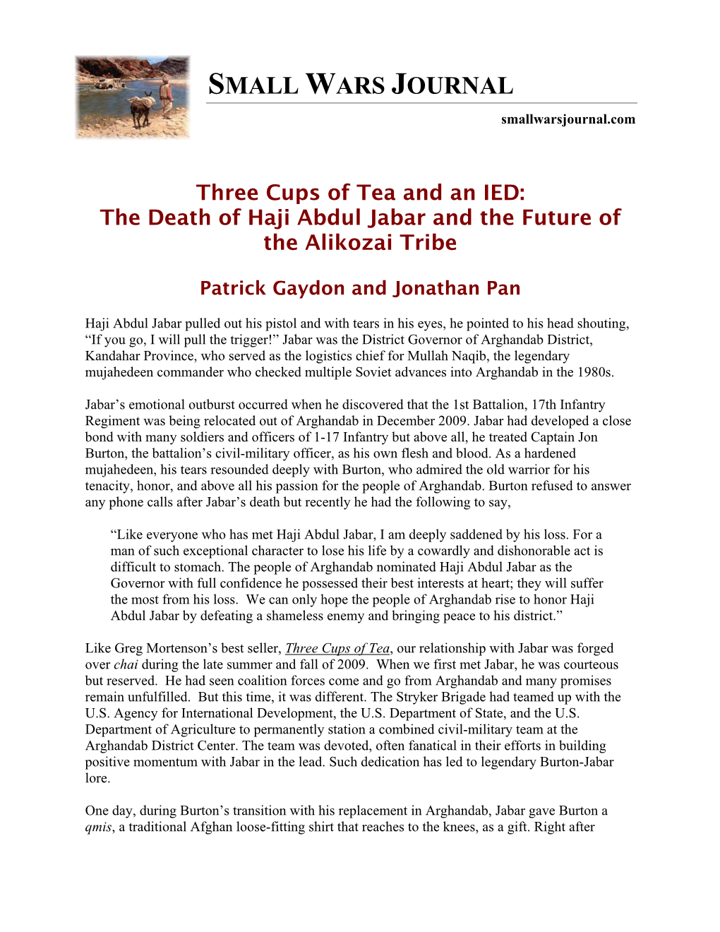The Death of Haji Abdul Jabar and the Future of the Alikozai Tribe