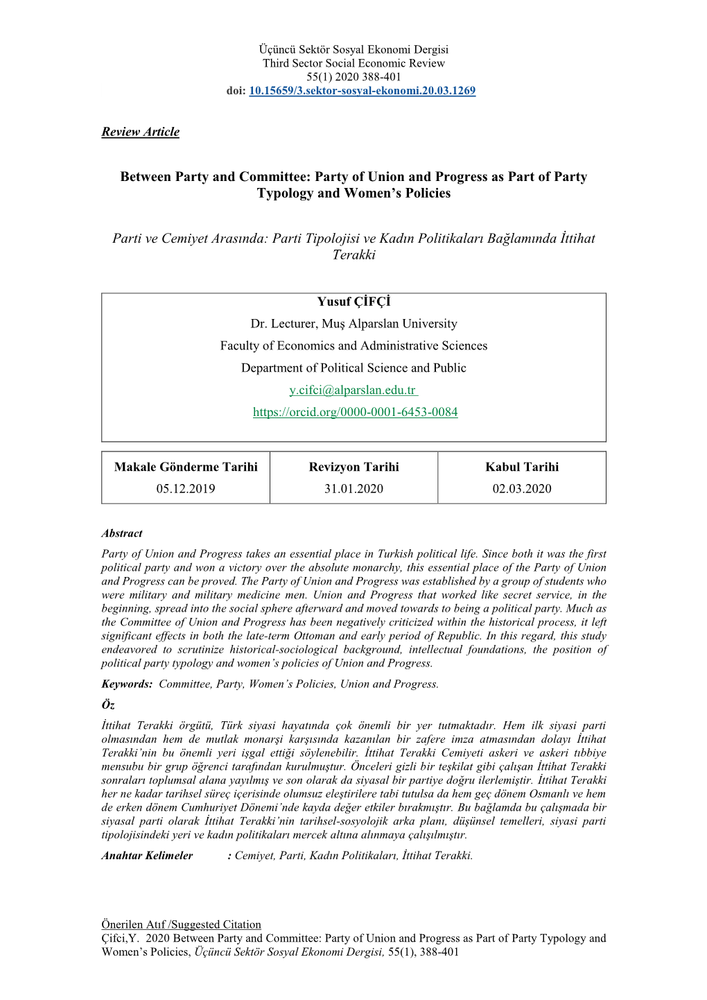 Between Party and Committee: Party of Union and Progress As Part of Party Typology and Women’S Policies