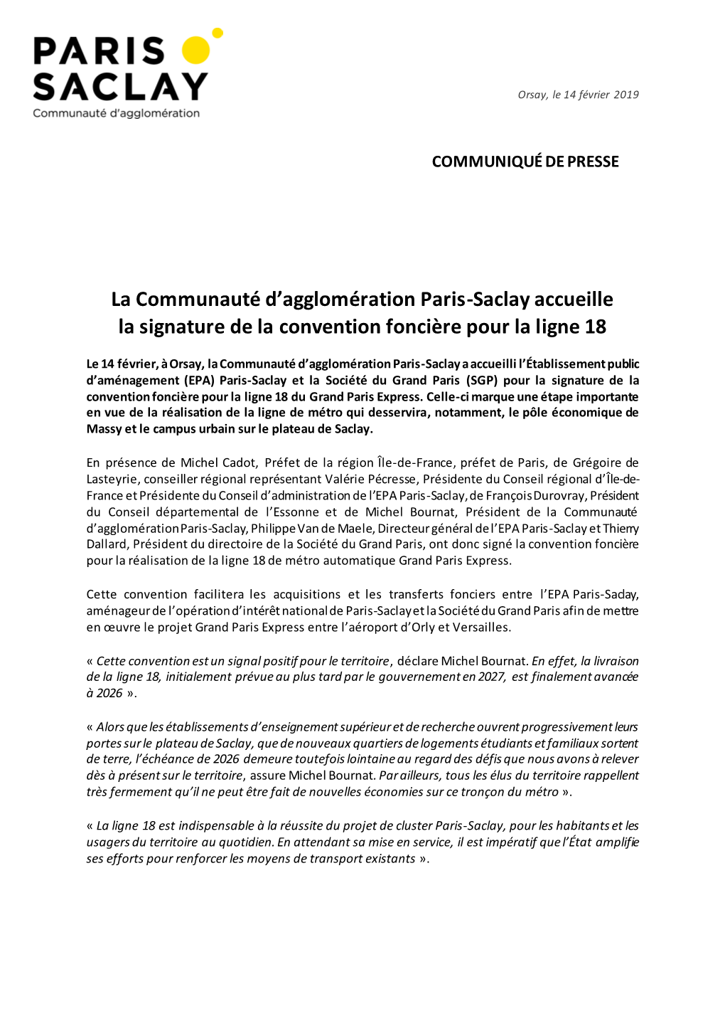 La Communauté D'agglomération Paris-Saclay Accueille La Signature De La Convention Foncière Pour La Ligne 18