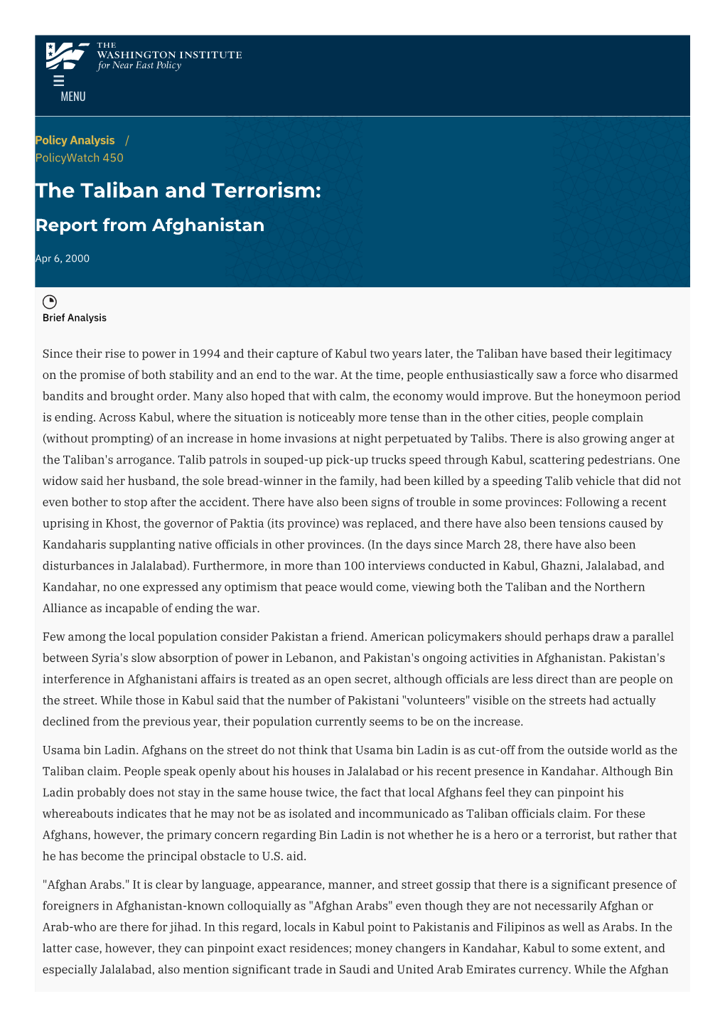 The Taliban and Terrorism: Report from Afghanistan