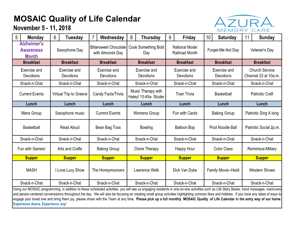 MOSAIC Quality of Life Calendar