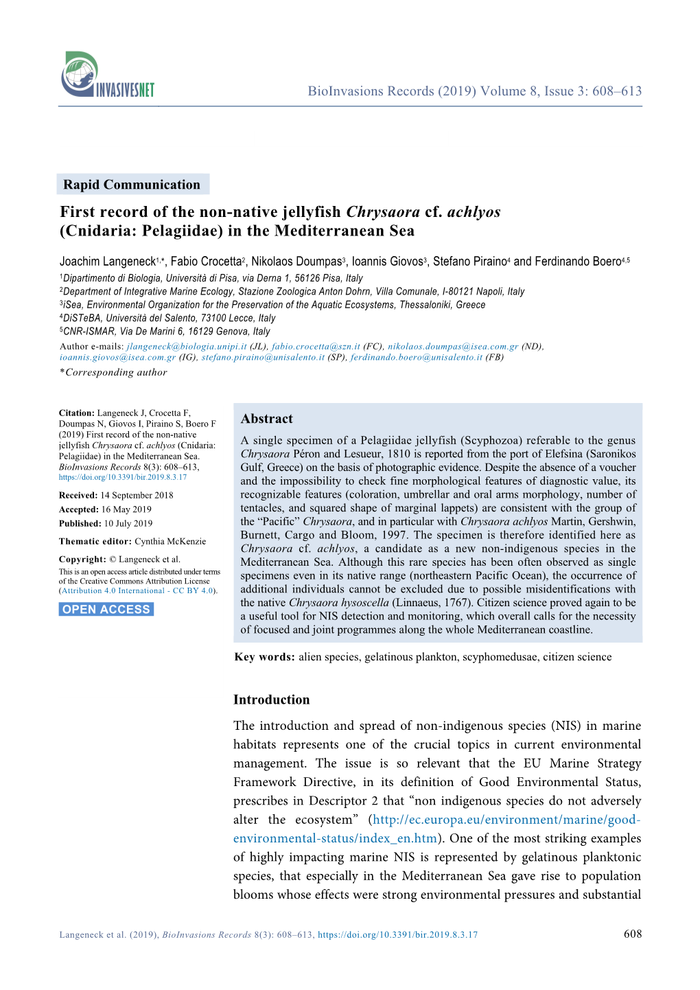 First Record of the Non-Native Jellyfish Chrysaora Cf. Achlyos (Cnidaria: Pelagiidae) in the Mediterranean Sea