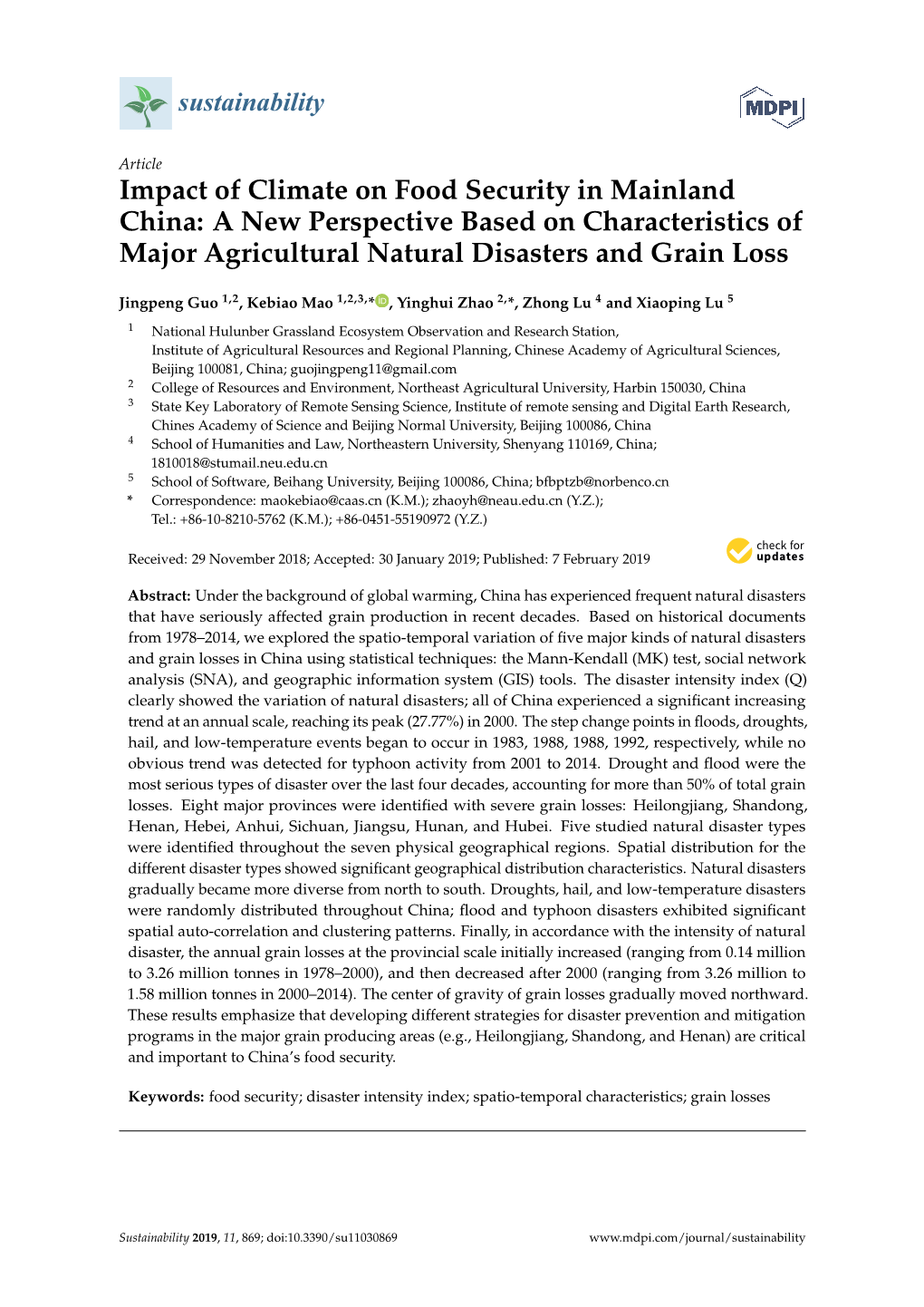 Impact of Climate on Food Security in Mainland China: a New Perspective Based on Characteristics of Major Agricultural Natural Disasters and Grain Loss