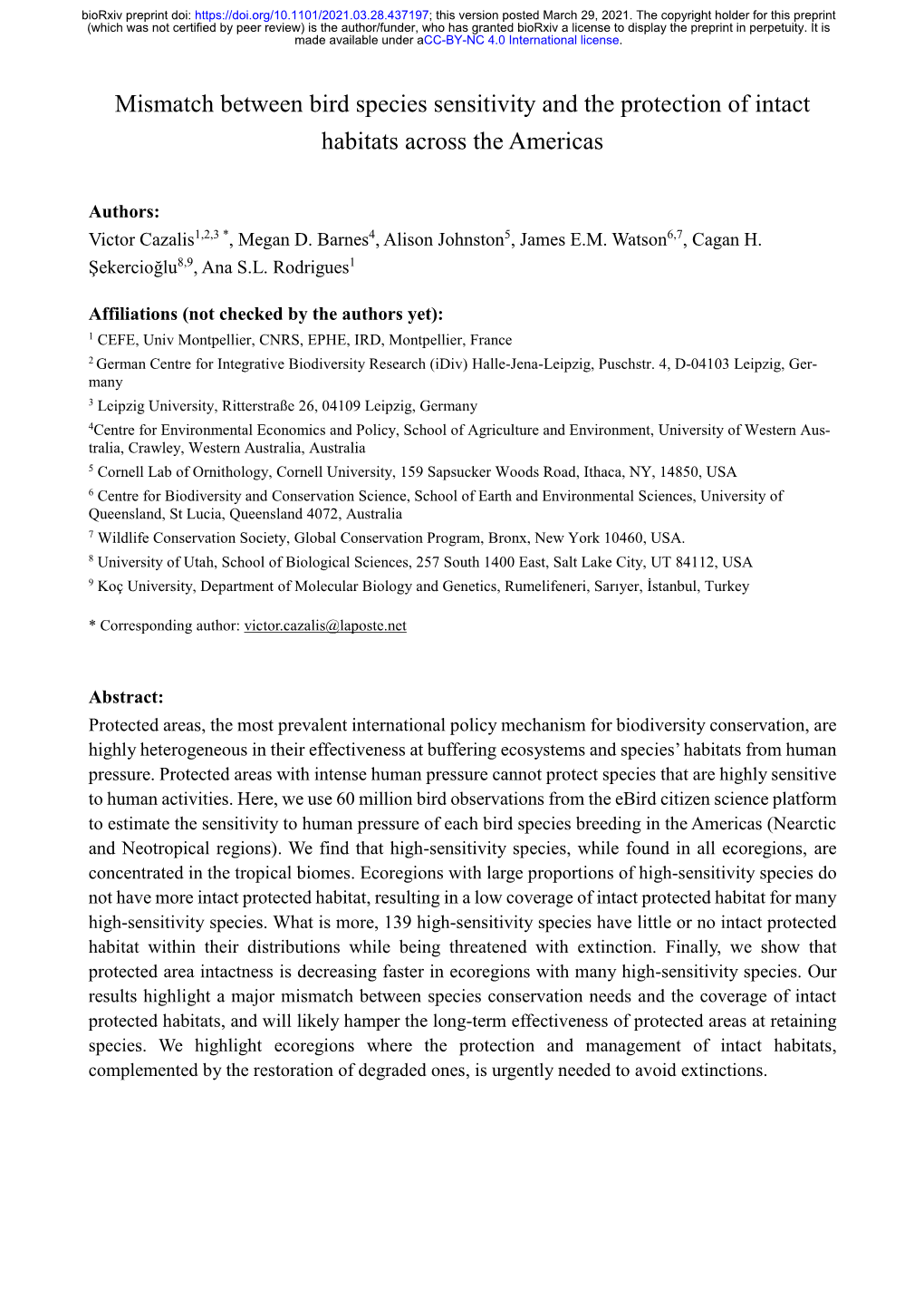 Mismatch Between Bird Species Sensitivity and the Protection of Intact Habitats Across the Americas