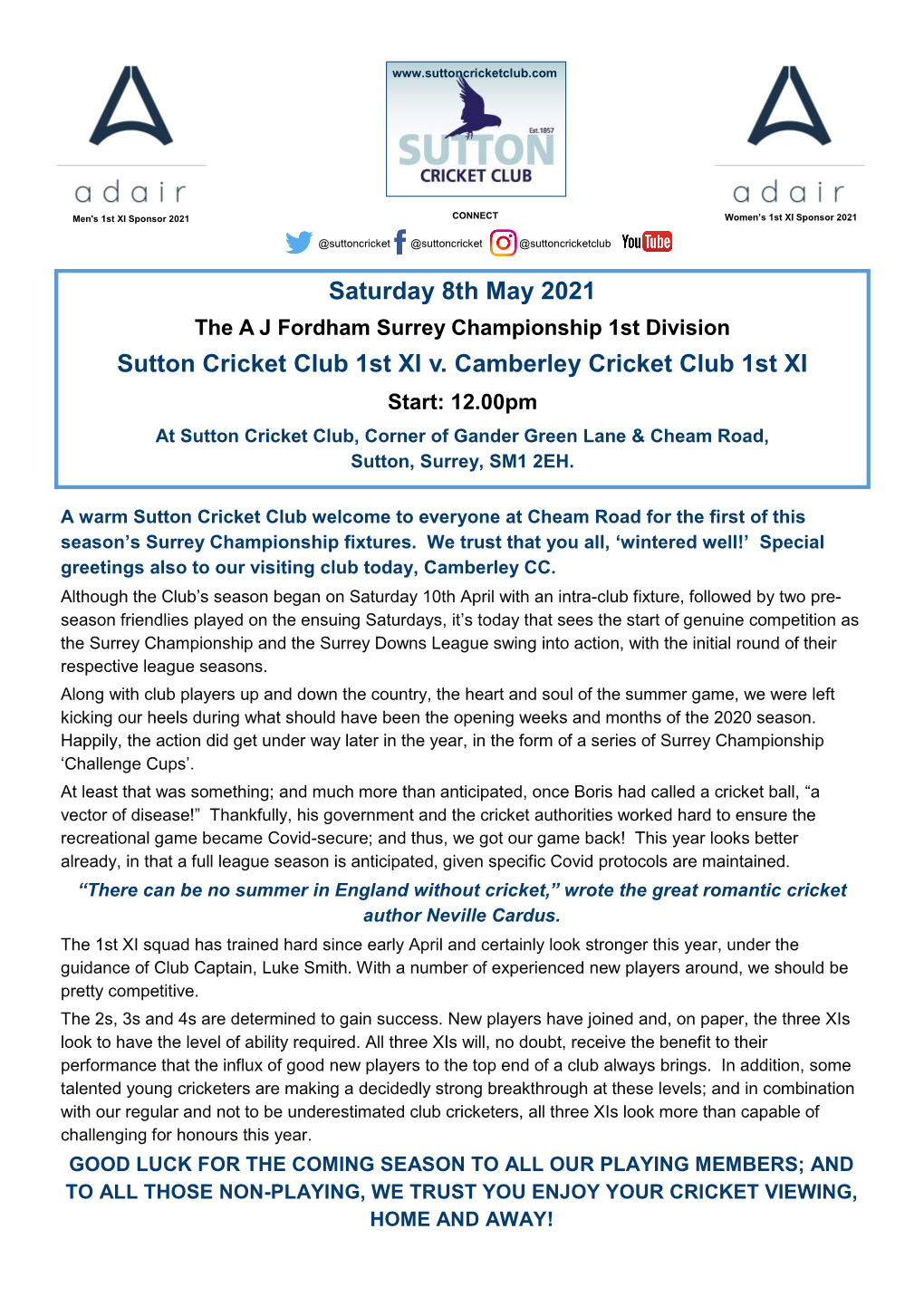 Saturday 8Th May 2021 Sutton Cricket Club 1St XI V. Camberley Cricket