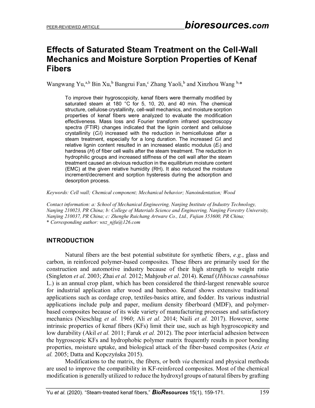 Effects of Saturated Steam Treatment on the Cell-Wall Mechanics and Moisture Sorption Properties of Kenaf Fibers