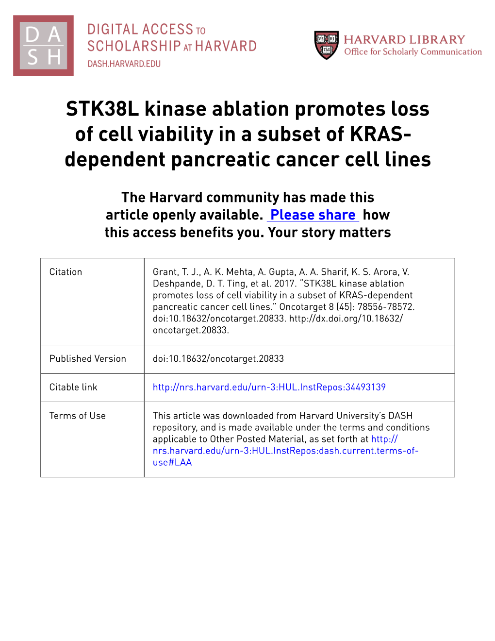 STK38L Kinase Ablation Promotes Loss of Cell Viability in a Subset of KRAS- Dependent Pancreatic Cancer Cell Lines