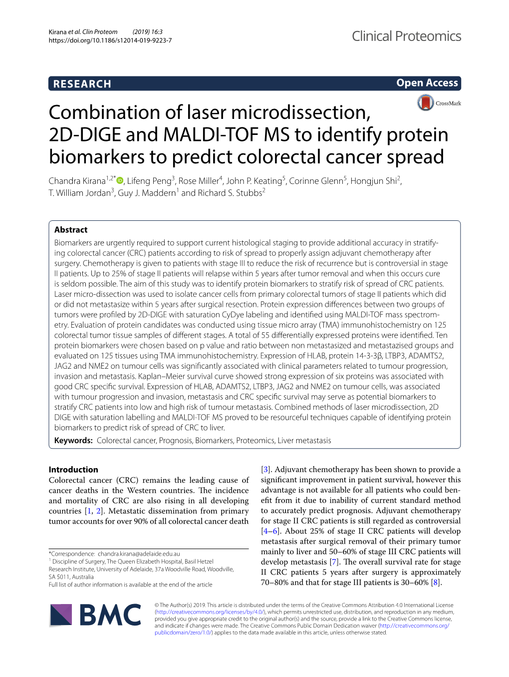 Combination of Laser Microdissection, 2D-DIGE and MALDI-TOF MS to Identify Protein Biomarkers to Predict Colorectal Cancer Sprea