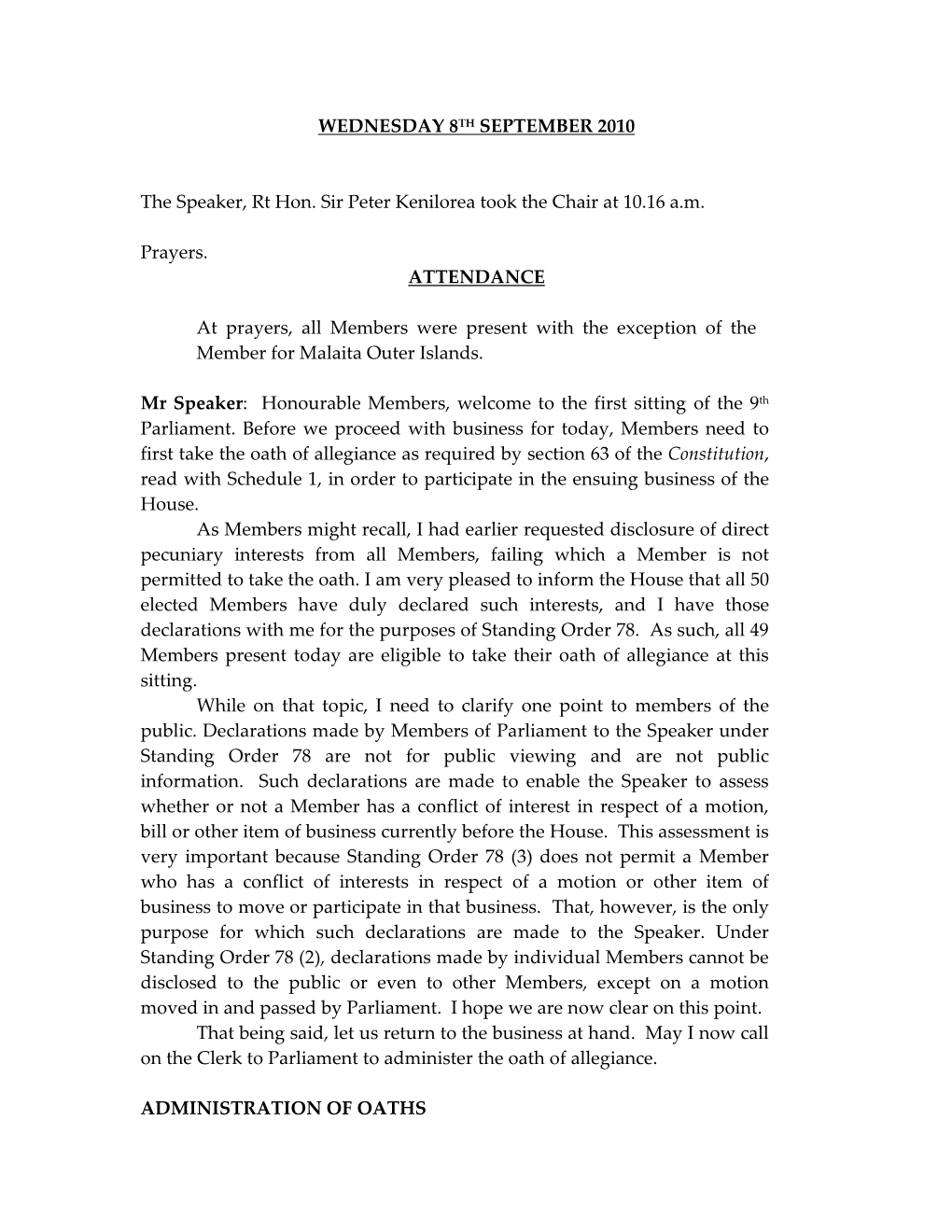 WEDNESDAY 8TH SEPTEMBER 2010 the Speaker, Rt Hon. Sir