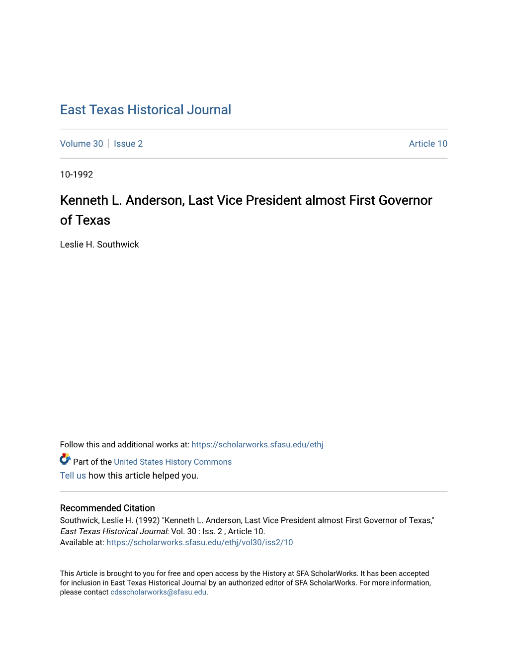 Kenneth L. Anderson, Last Vice President Almost First Governor of Texas