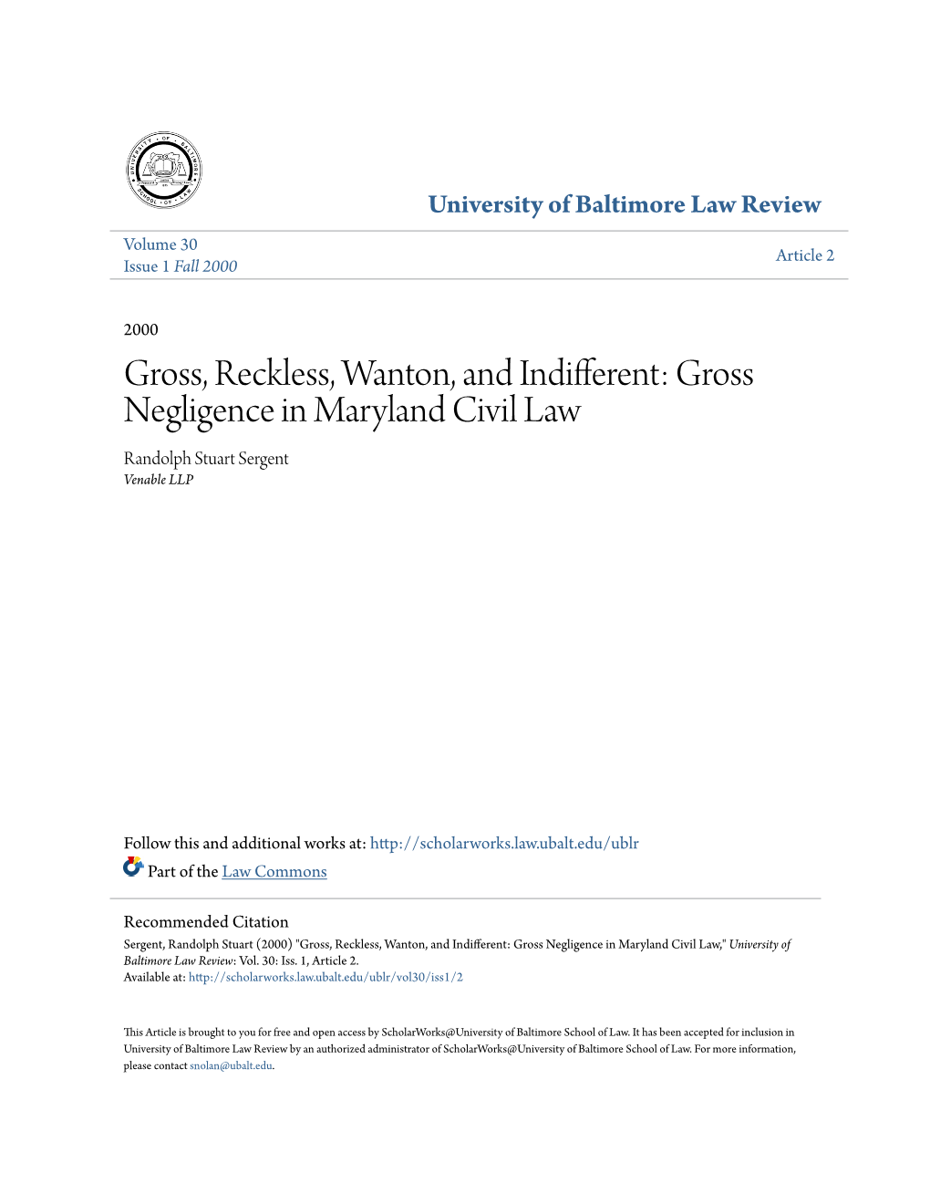 Gross Negligence in Maryland Civil Law Randolph Stuart Sergent Venable LLP