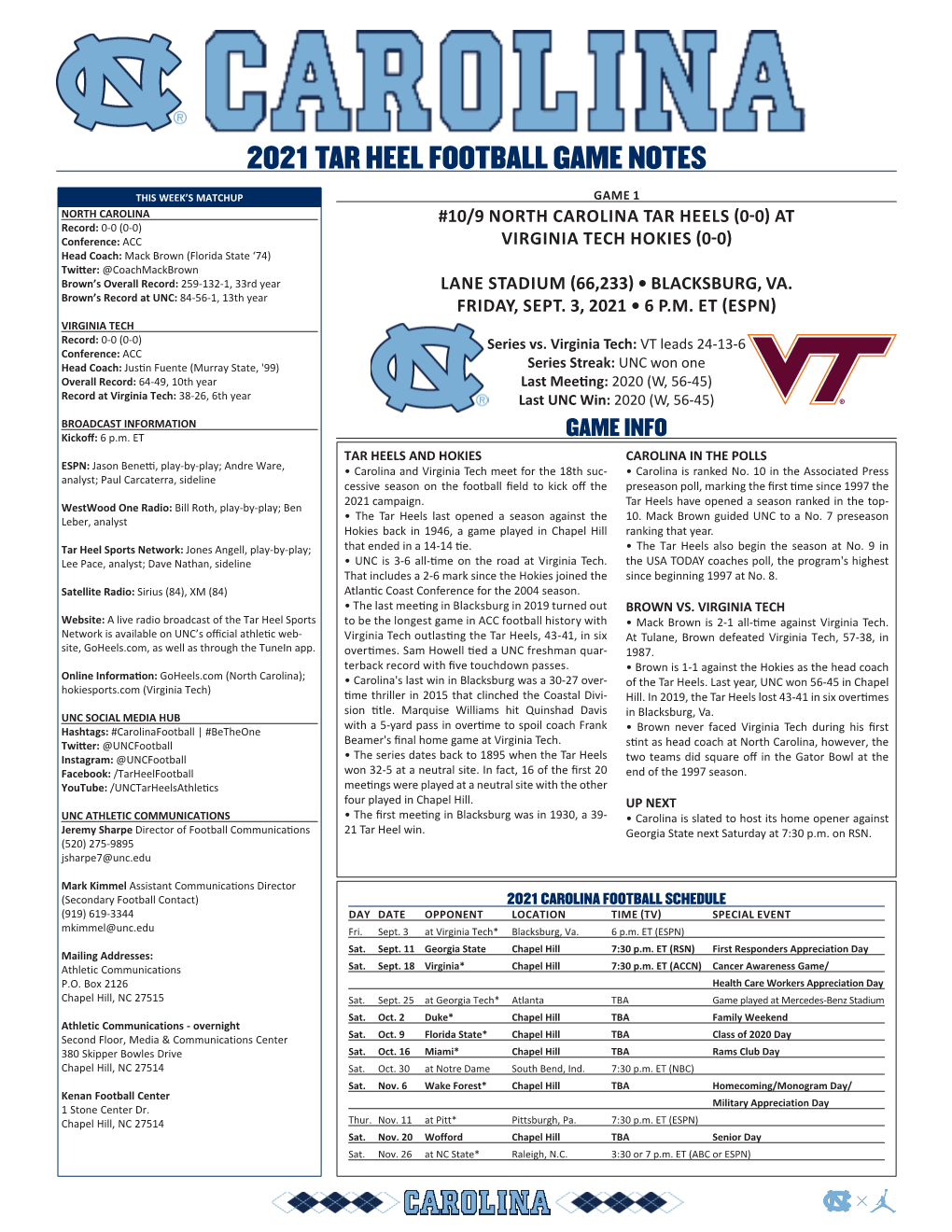 2021 Tar Heel Football Game Notes