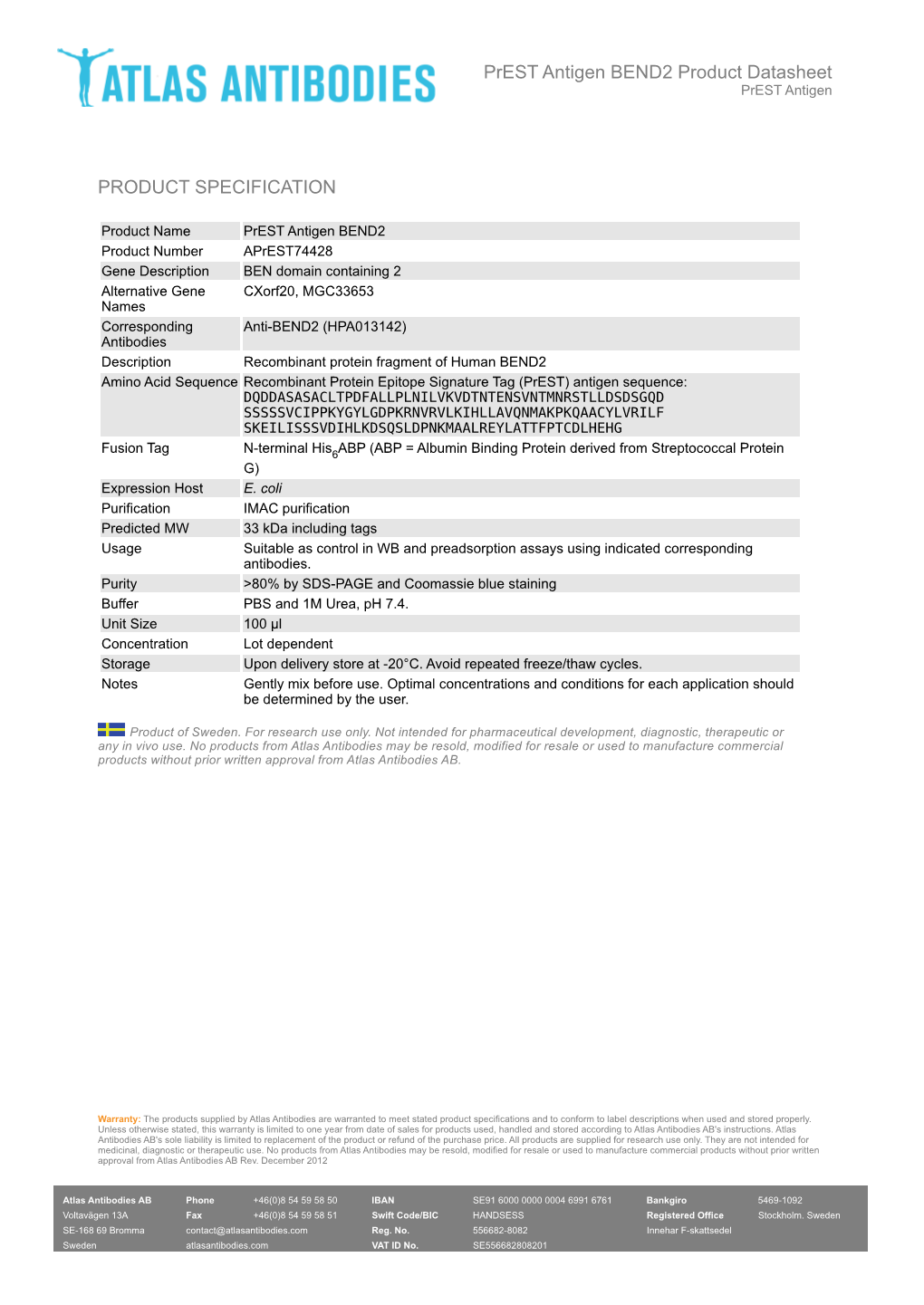 PRODUCT SPECIFICATION Prest Antigen BEND2 Product Datasheet