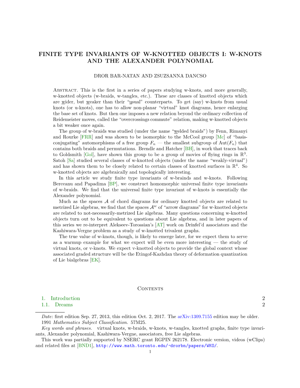 W-Knots and the Alexander Polynomial