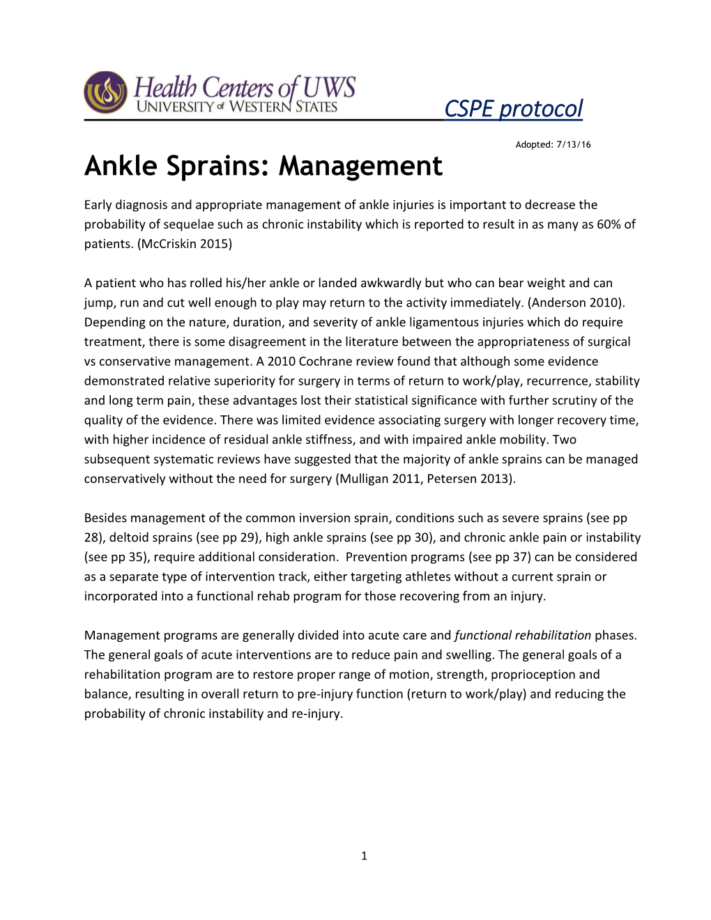 Ankle Sprains: Management