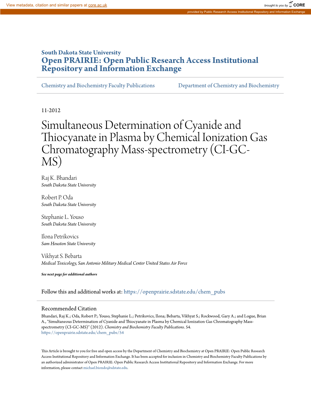 Simultaneous Determination of Cyanide and Thiocyanate in Plasma by Chemical Ionization Gas Chromatography Mass-Spectrometry (CI-GC- MS) Raj K