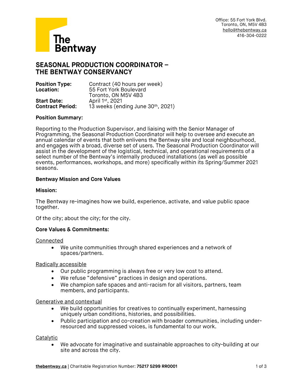 Seasonal Production Coordinator – the Bentway Conservancy