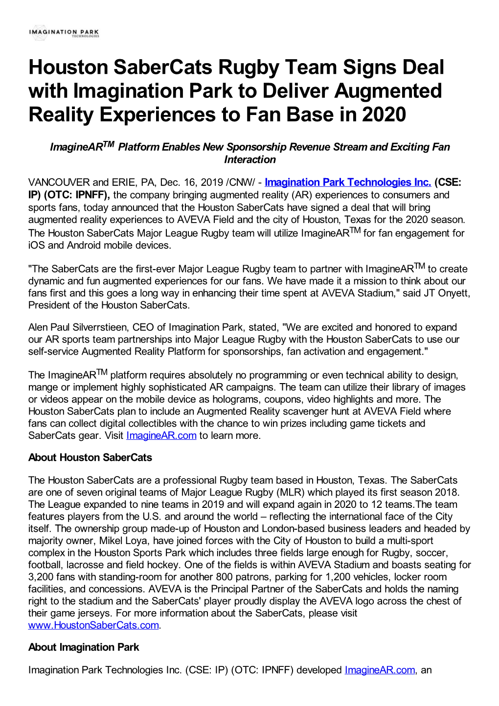 Houston Sabercats Rugby Team Signs Deal with Imagination Park to Deliver Augmented Reality Experiences to Fan Base in 2020