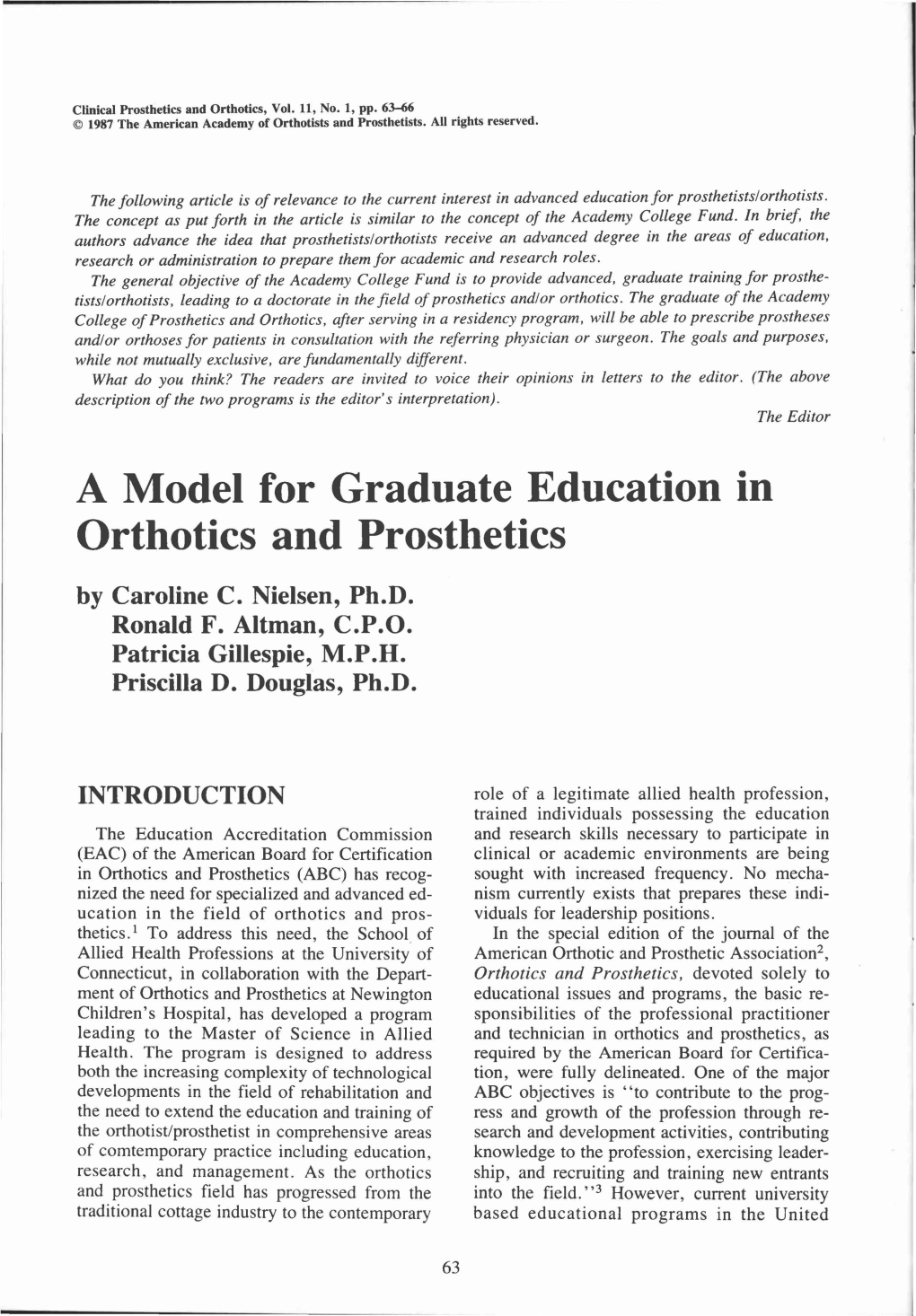 A Model for Graduate Education in Orthotics and Prosthetics by Caroline C