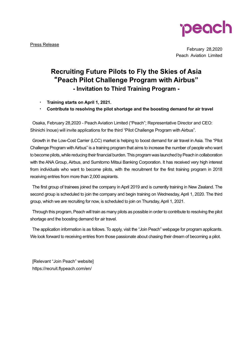 Recruiting Future Pilots to Fly the Skies of Asia “Peach Pilot Challenge Program with Airbus” - Invitation to Third Training Program