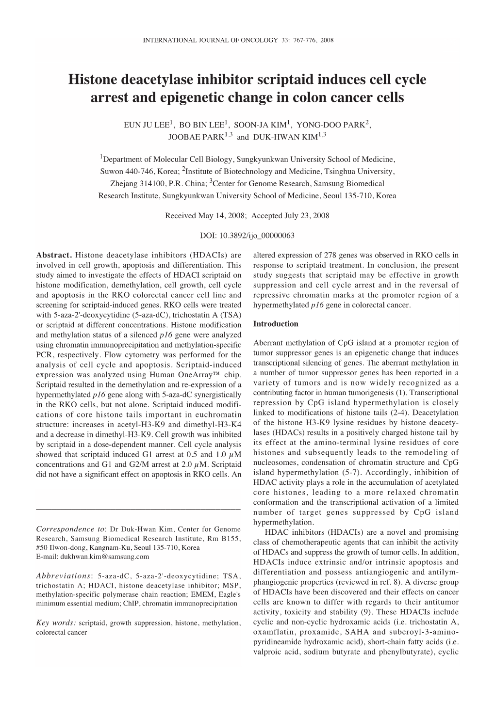 Histone Deacetylase Inhibitor Scriptaid Induces Cell Cycle Arrest and Epigenetic Change in Colon Cancer Cells