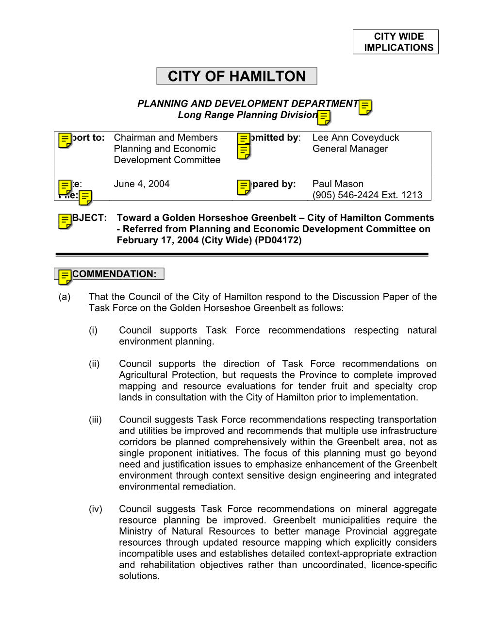 Toward a Golden Horseshoe Greenbelt – City of Hamilton Comments