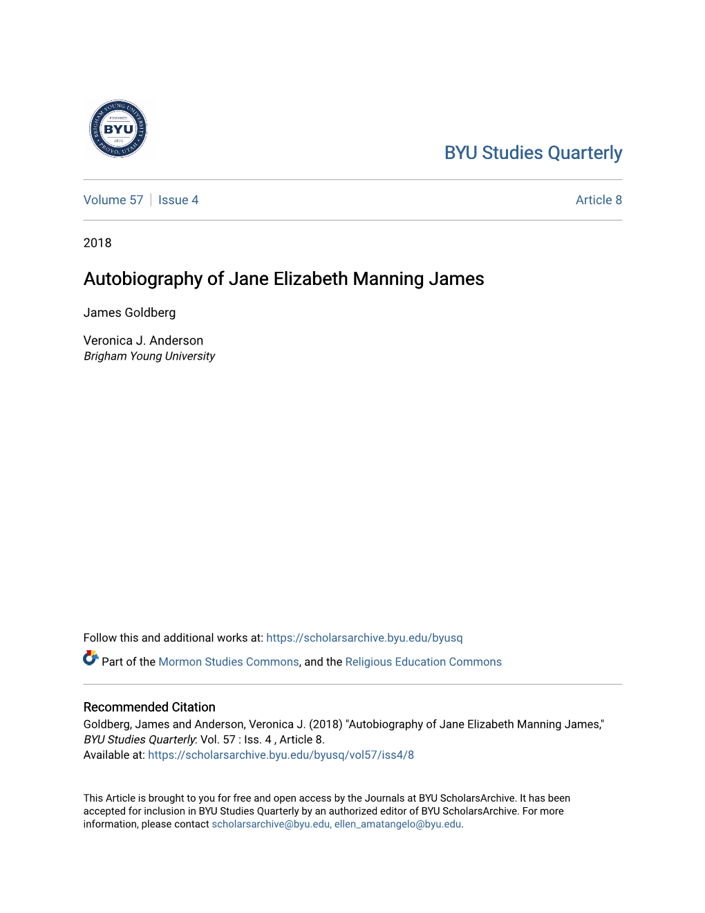 Autobiography of Jane Elizabeth Manning James