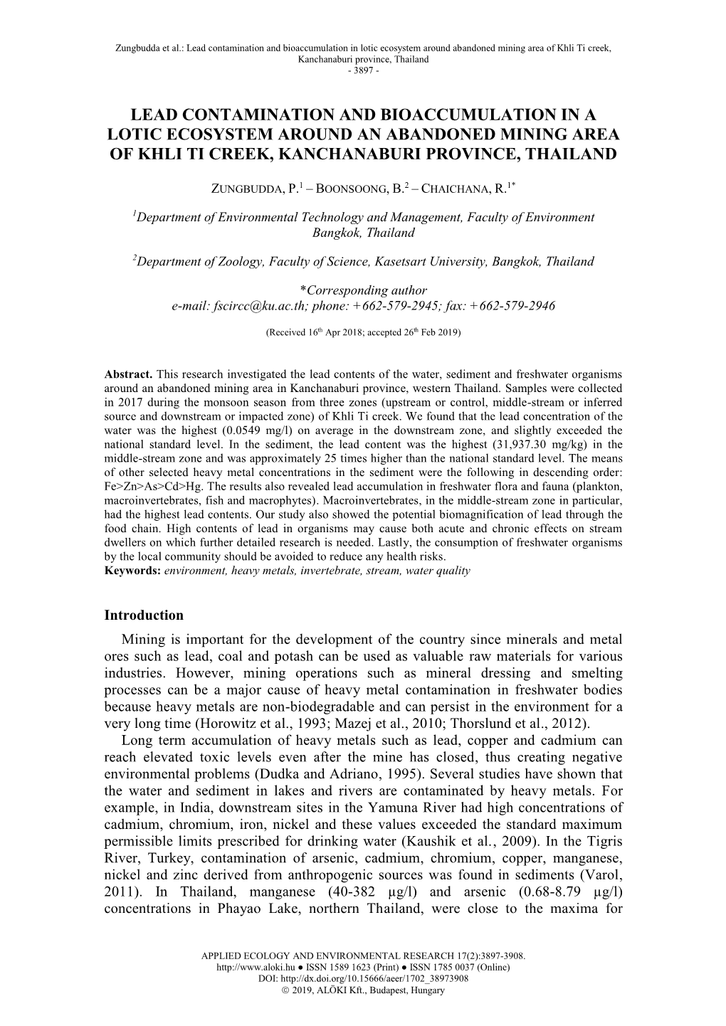 Lead Contamination and Bioaccumulation in Lotic Ecosystem Around Abandoned Mining Area of Khli Ti Creek, Kanchanaburi Province, Thailand - 3897