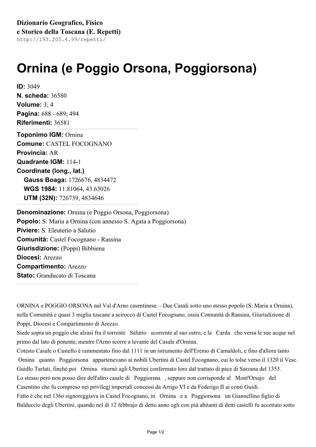 Ornina (E Poggio Orsona, Poggiorsona)