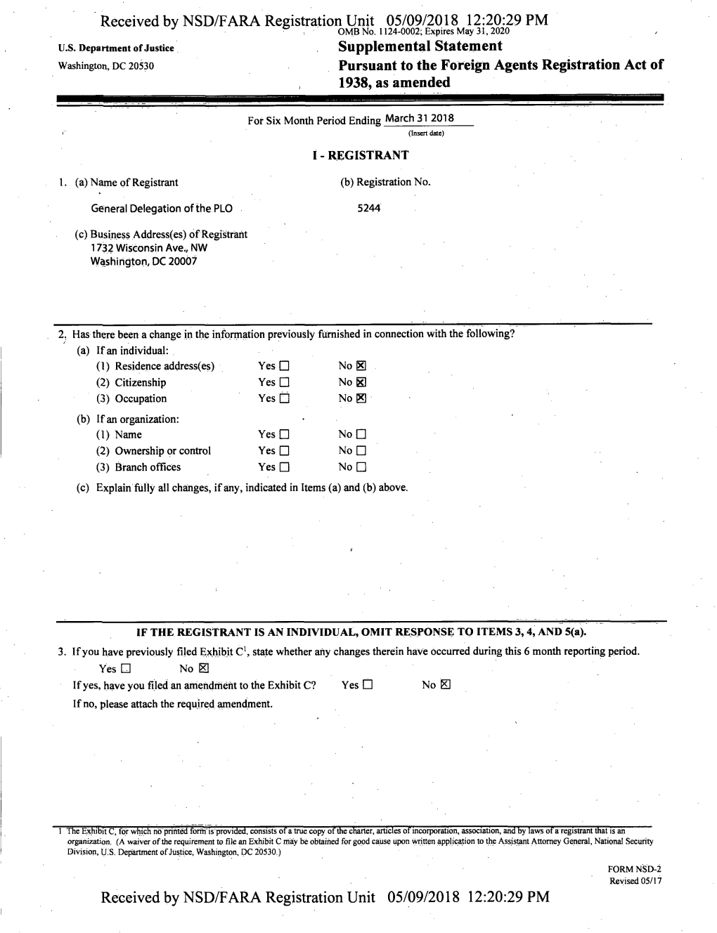 Received by NSD/FARA Registration Unit 05/09/2018 12:20:29 PM OMB No