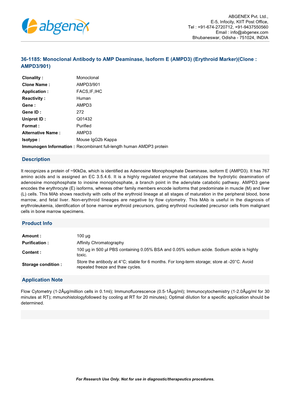 36-1185: Monoclonal Antibody to AMP Deaminase, Isoform E (AMPD3) (Erythroid Marker)(Clone : AMPD3/901)