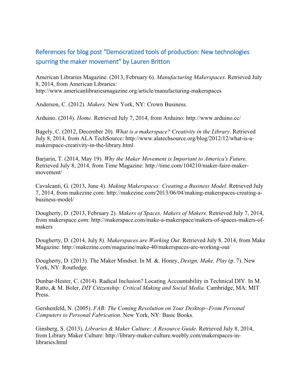 References for Blog Post “Democratized Tools of Production: New Technologies Spurring the Maker Movement” by Lauren Britton