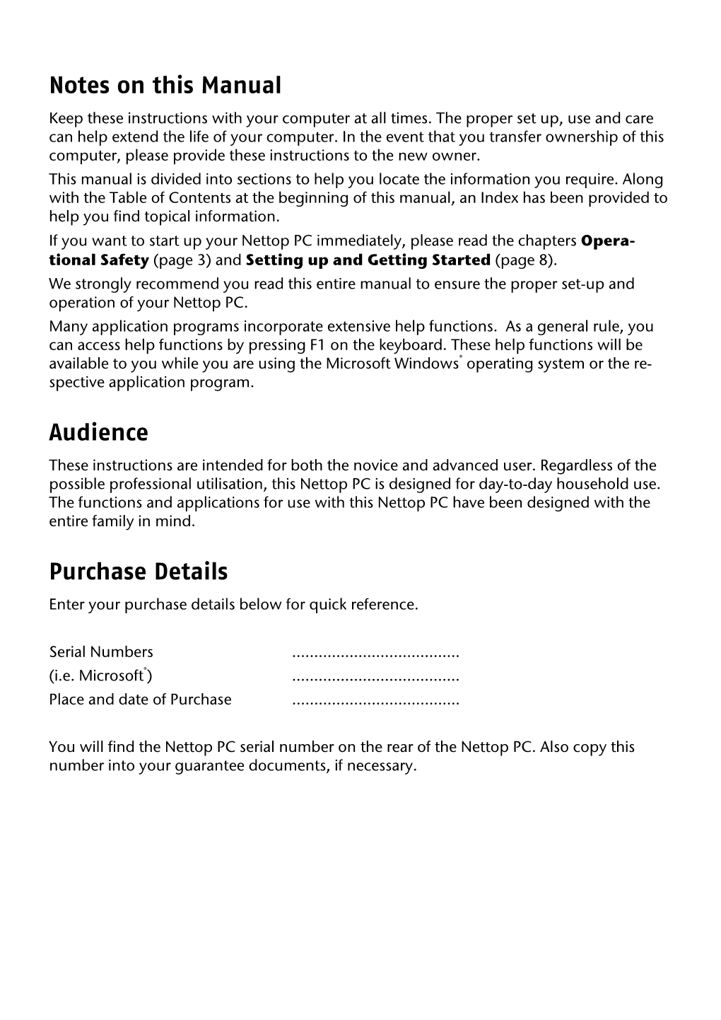 Notes on This Manual Audience Purchase Details