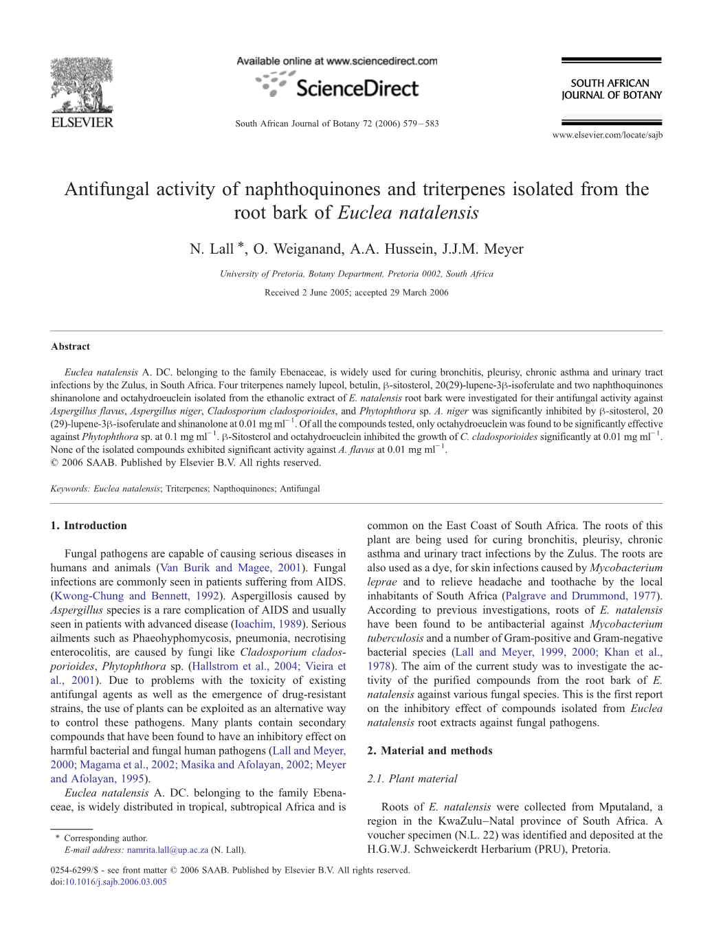 Antifungal Activity of Naphthoquinones and Triterpenes Isolated from the Root Bark of Euclea Natalensis ⁎ N