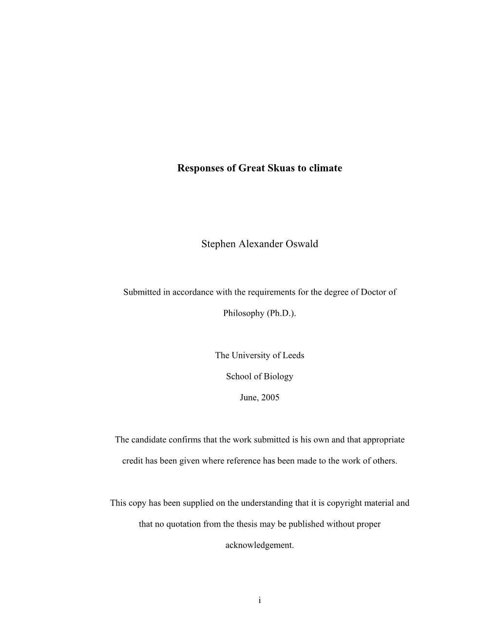 Responses of Great Skuas to Climate Stephen Alexander Oswald