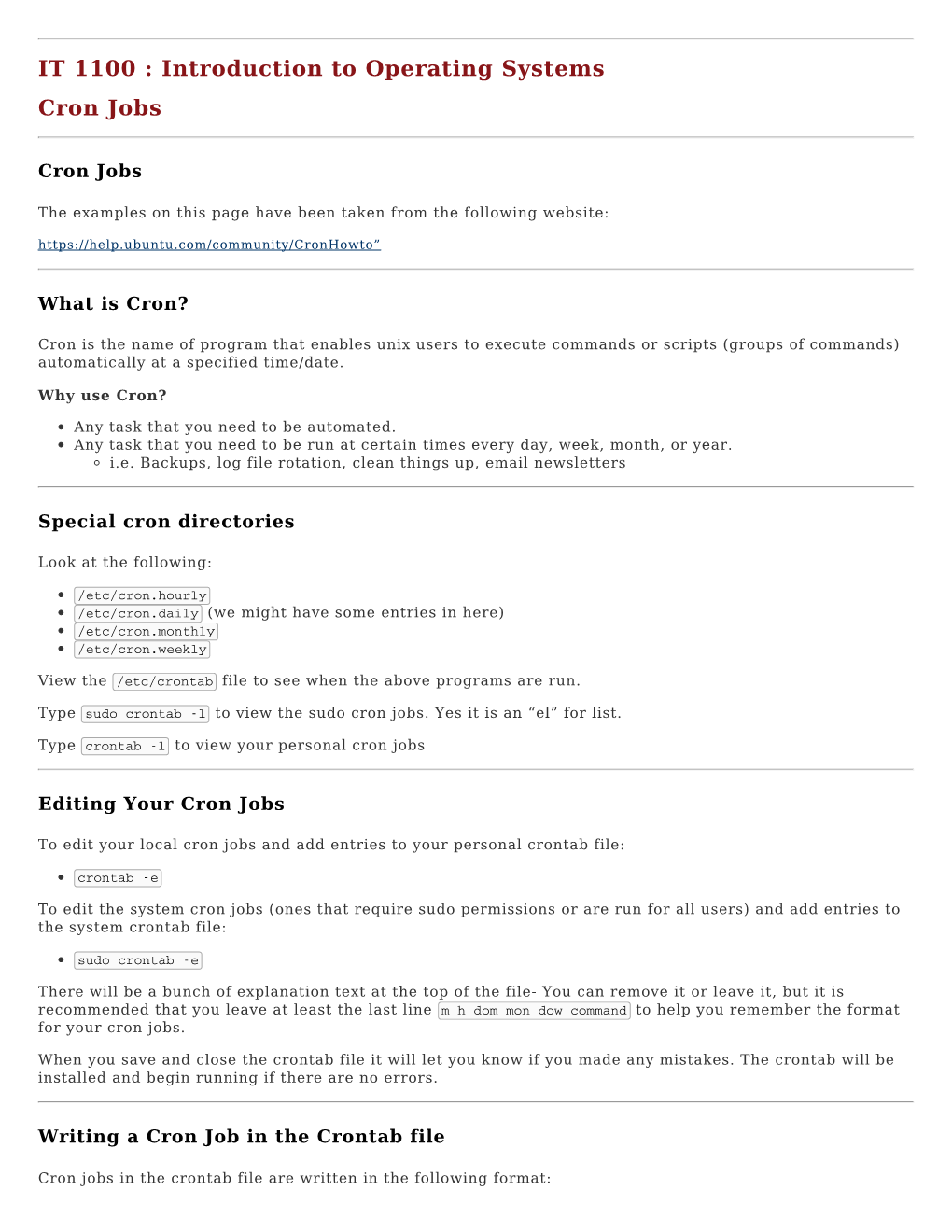 IT 1100 : Introduction to Operating Systems Cron Jobs