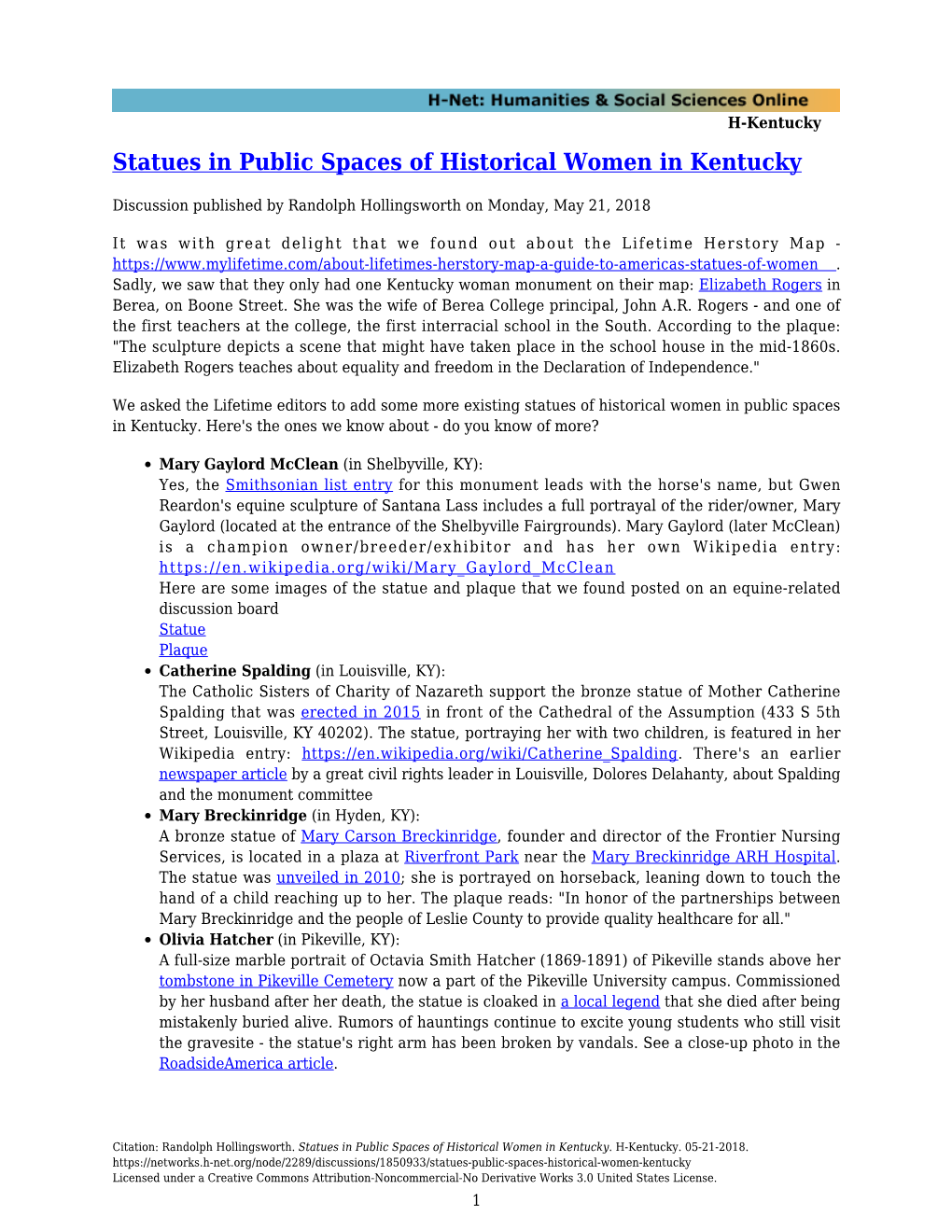 Statues in Public Spaces of Historical Women in Kentucky