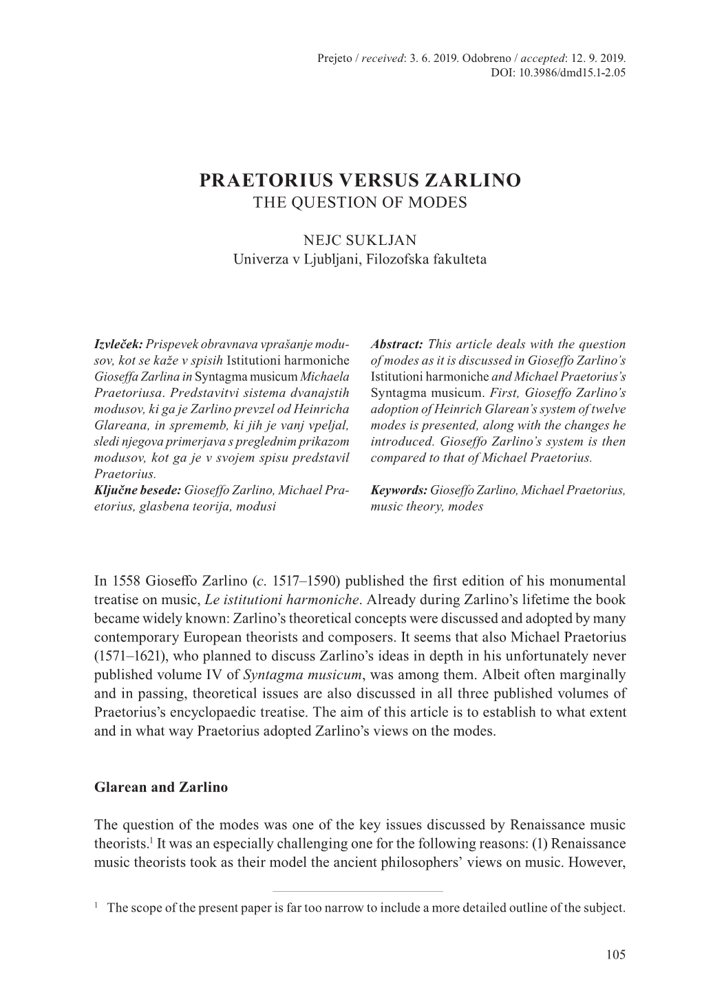 Praetorius Versus Zarlino the Question of Modes