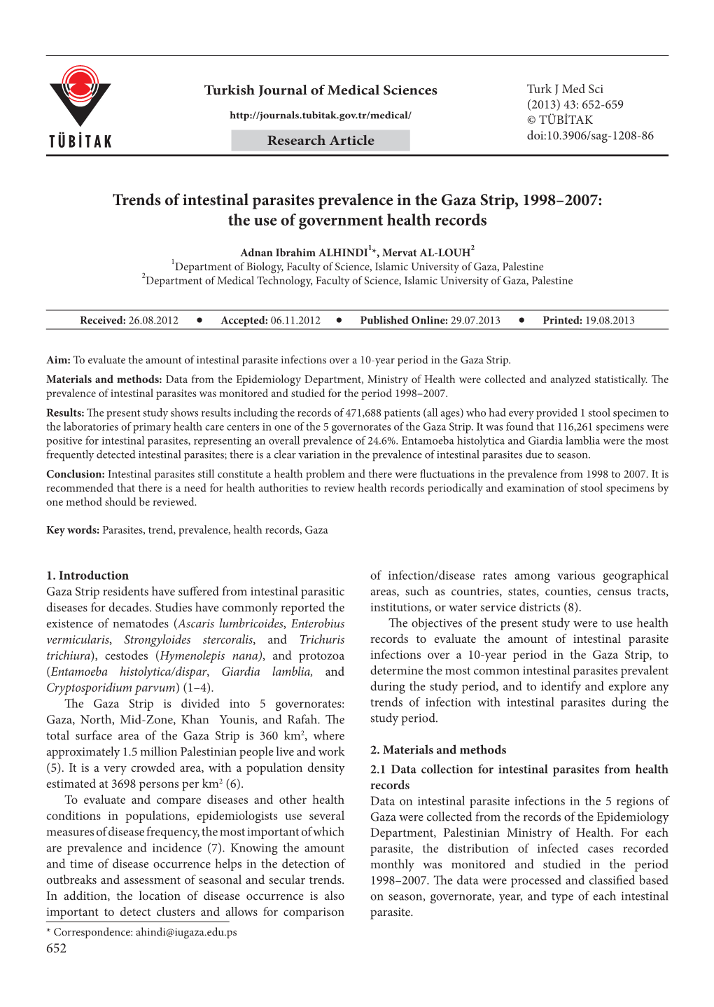 Trends of Intestinal Parasites Prevalence in the Gaza Strip, 1998–2007: the Use of Government Health Records