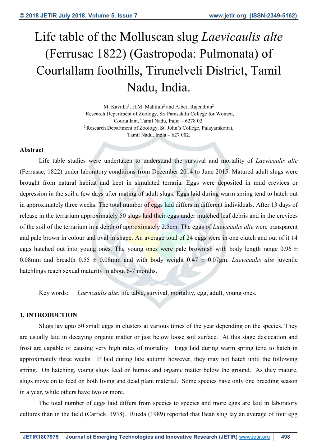 Life Table of the Molluscan Slug Laevicaulis Alte (Ferrusac 1822) (Gastropoda: Pulmonata) of Courtallam Foothills, Tirunelveli District, Tamil Nadu, India