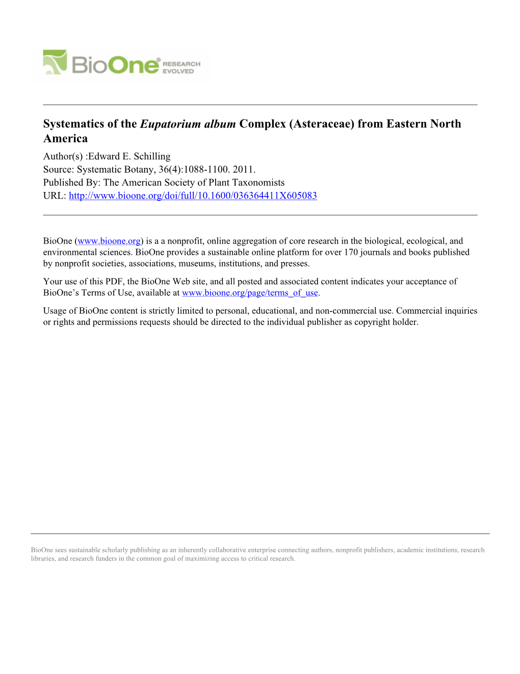 Systematics of the Eupatorium Album Complex (Asteraceae) from Eastern North America Author(S) :Edward E