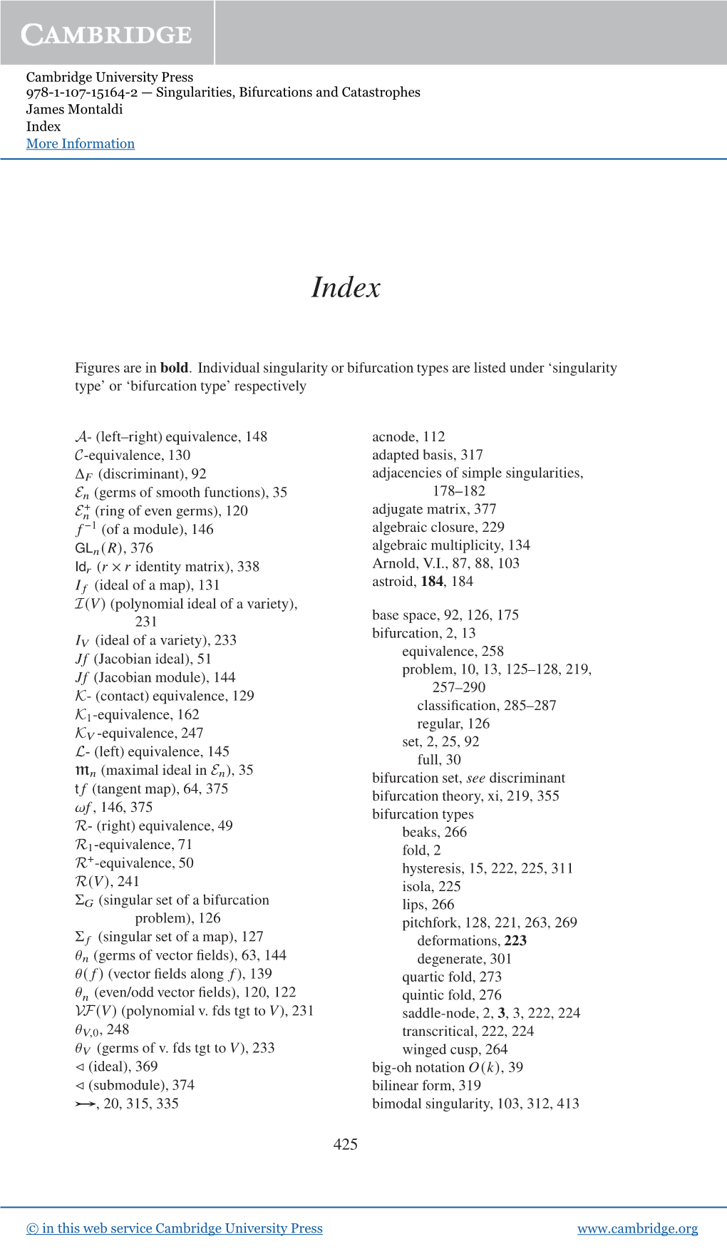 Figures Are in Bold. Individual Singularity Or Bifurcation Types Are Listed Under ‘Singularity Type’ Or ‘Bifurcation Type’ Respectively