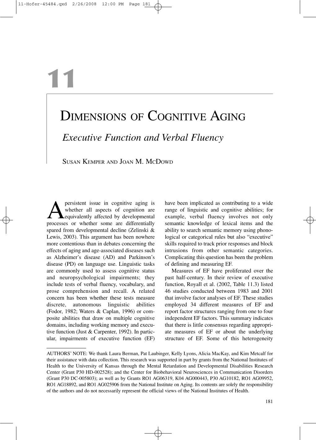 DIMENSIONS of COGNITIVE AGING Executive Function and Verbal Fluency