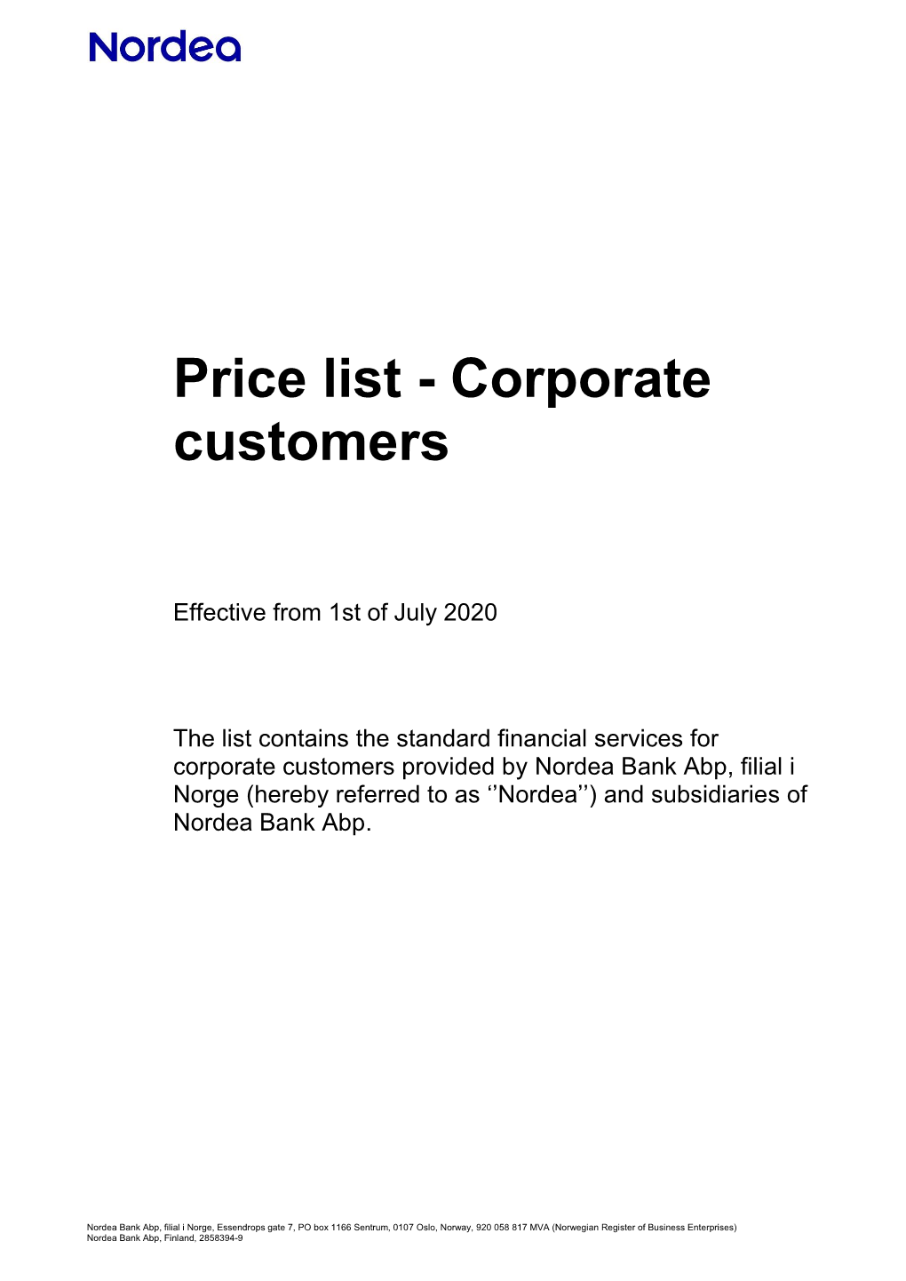 Price List - Corporate Customers