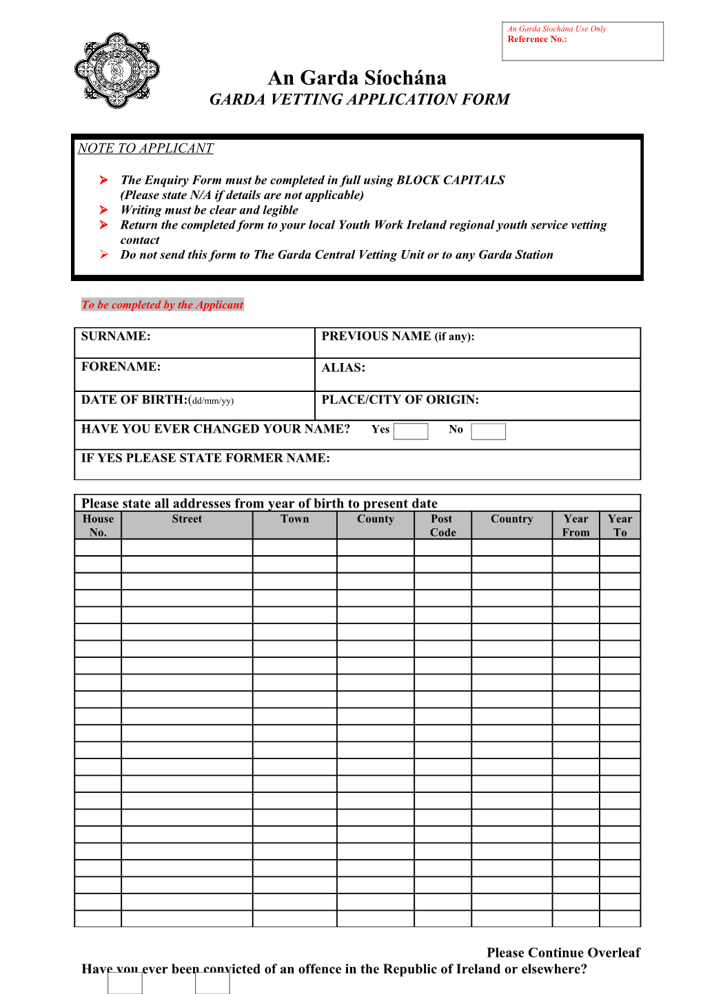 Garda Vetting APPLICATION Form