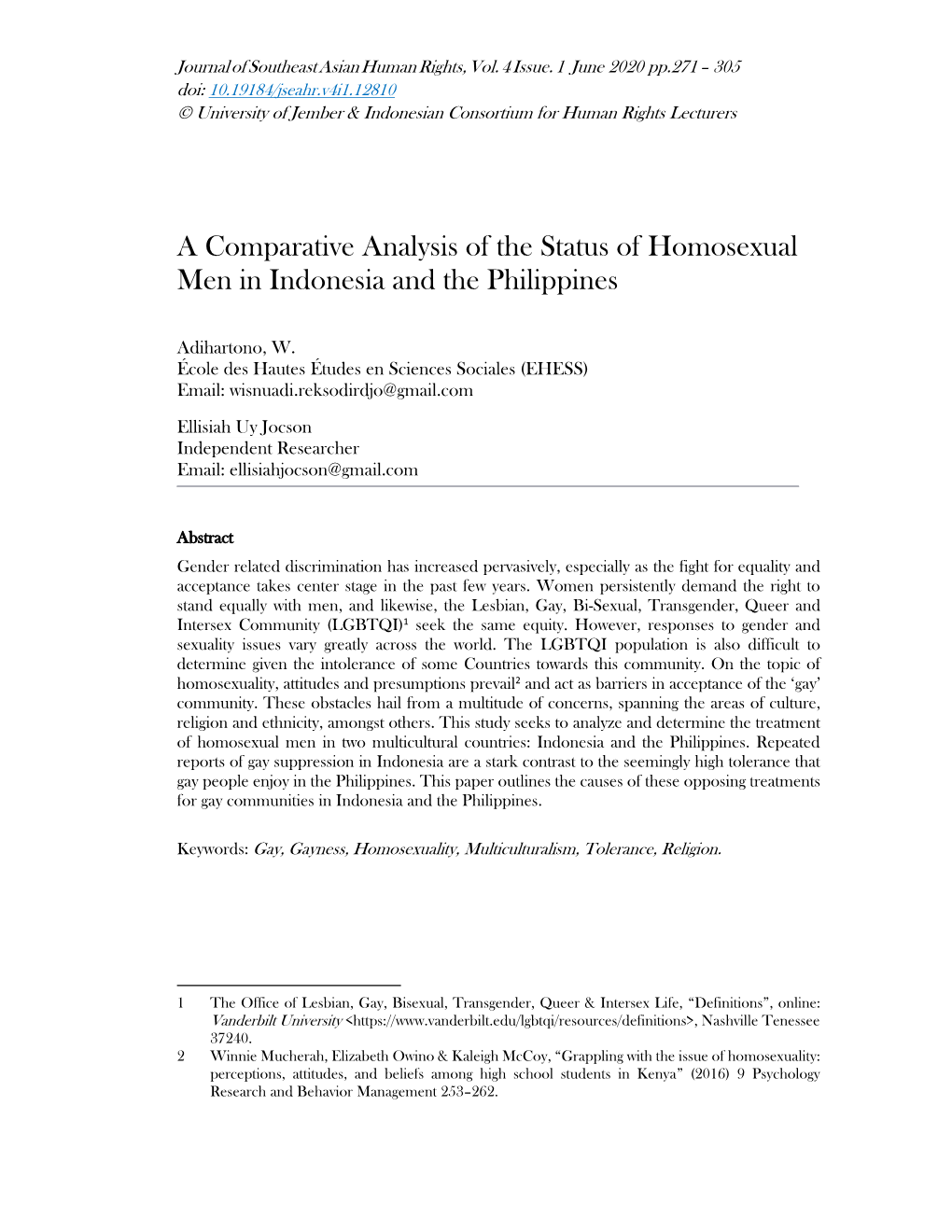 A Comparative Analysis of the Status of Homosexual Men in Indonesia and the Philippines