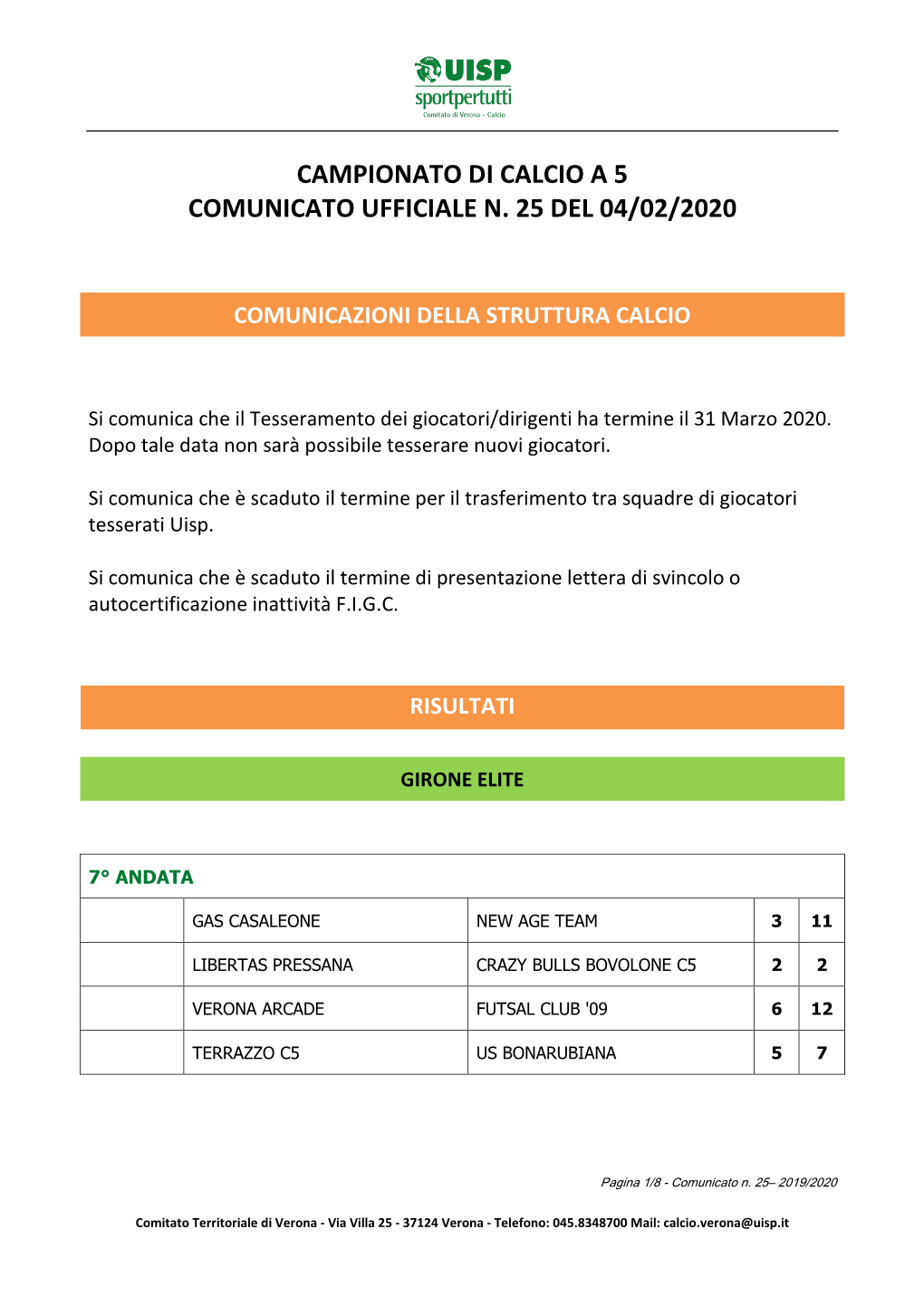 Comunicato Ufficiale 25 Del 04.02.2020