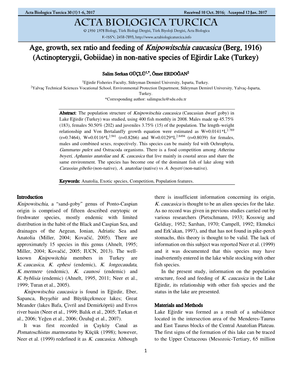 Actinopterygii, Gobiidae) in Non-Native Species of Eğirdir Lake (Turkey)